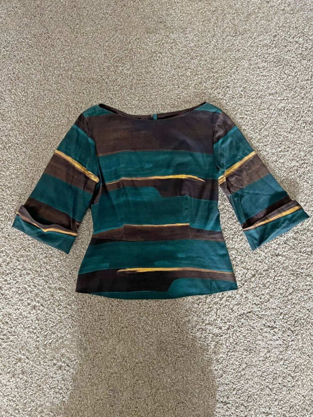 Lavia Abstract Stripe Cotton Earth Tone 3/4 Sleeve Snap Back Blouse Size S